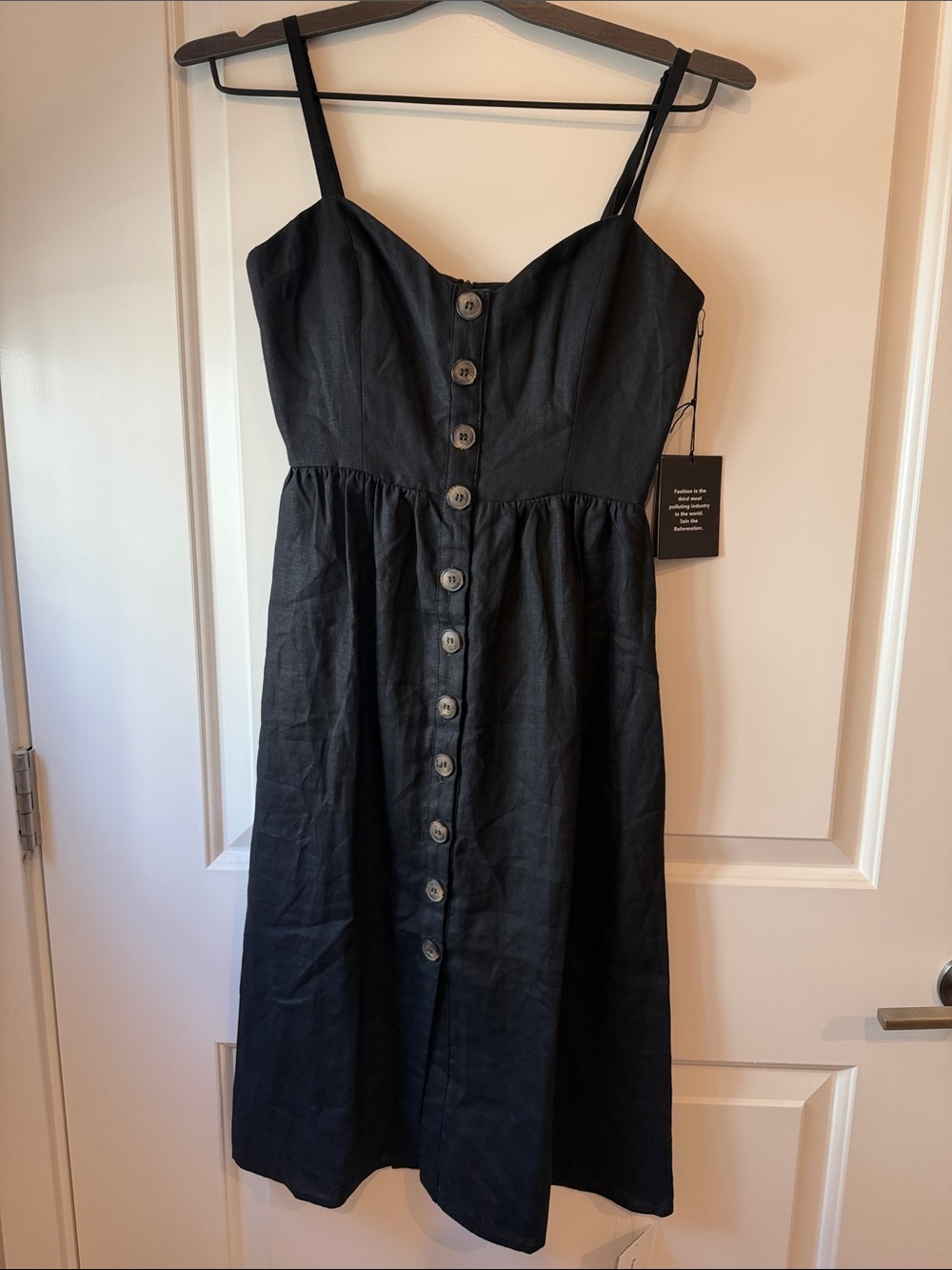 Reformation Black Button-Front Spaghetti Strap Midi Dress